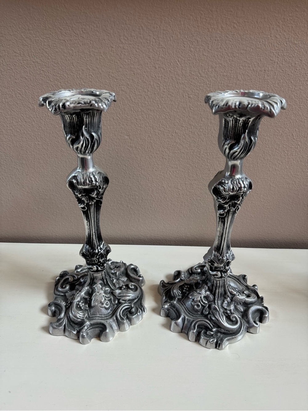 Ornate pewter Silver-Tone Baroque Candlestick Pair - Home Accents